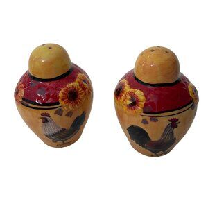 Vintage Hand Painted Pepper & Salt Shaker Sunflower Rooster Farmhouse Grannycore